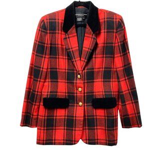Vintage Adrienne Vittadini Plaid Long Blazer,‎ Size 12, Black & Red, Velvet Trim